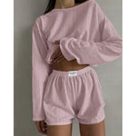 Womens Pointelle Knit Loungewear Set Casual Hollow Out Long Sleeve Crop Top and Shorts Two Piece Outfits Y2K Summer Homewear New
