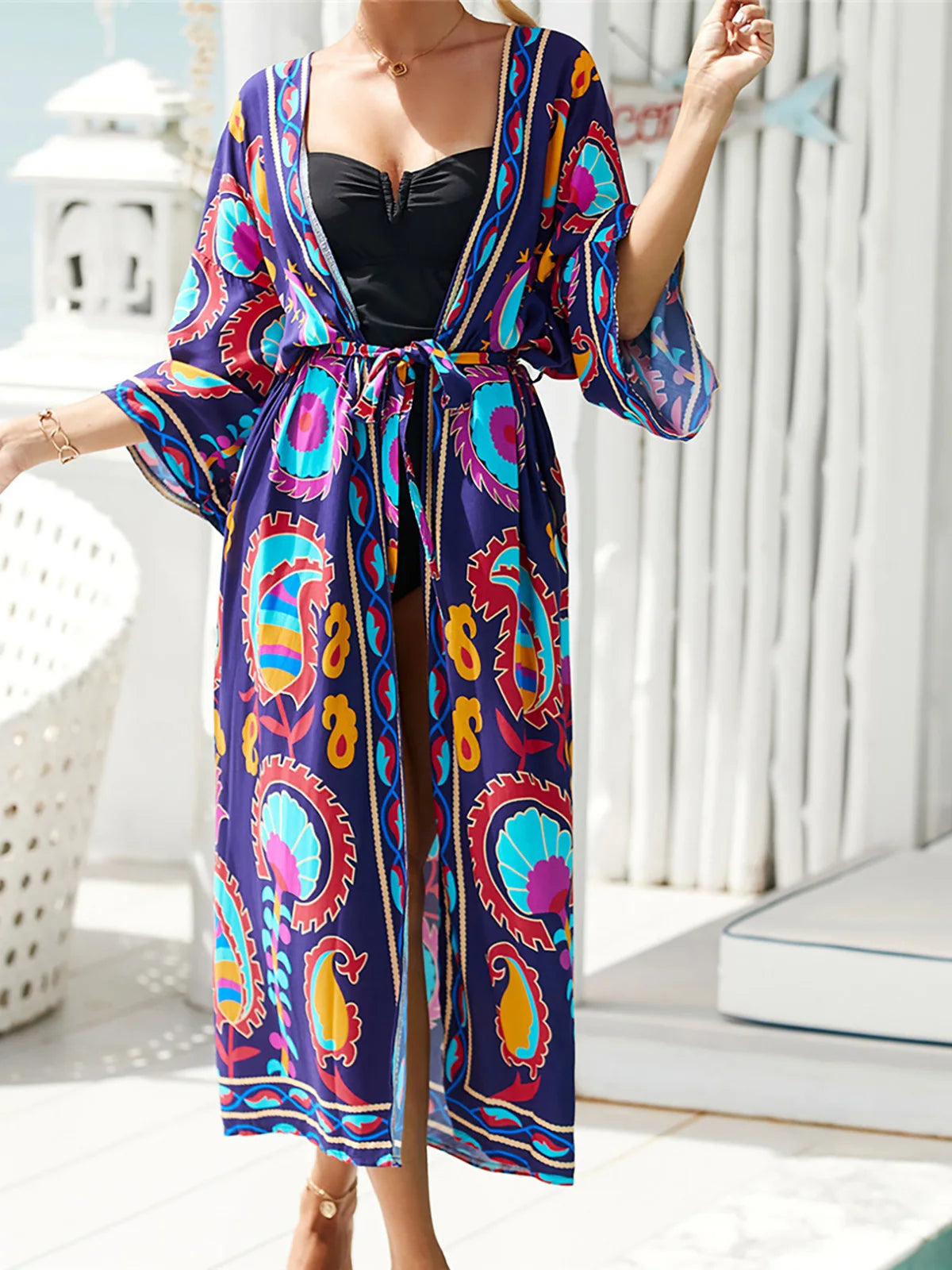 13 Colors Printed With Belt Crochet Knitted Tunic Beach Dress Beach Wear Beachwear Beach Cover Up Cover-upsFemale Women V7201