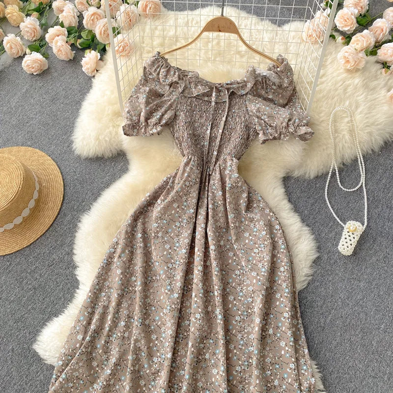 2025 Summer French Vintage Floral Dress Fashion Elegant High-Waisted Drawstring Vestidos Printed Fresh And Sweet Long Dresses