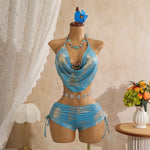 Sexy Hot Stamping Gold Swimwear Women 2026 Collar Split Top Drawstring Side High Waist Bikini Set Summer Bathing Suit Swimsuit