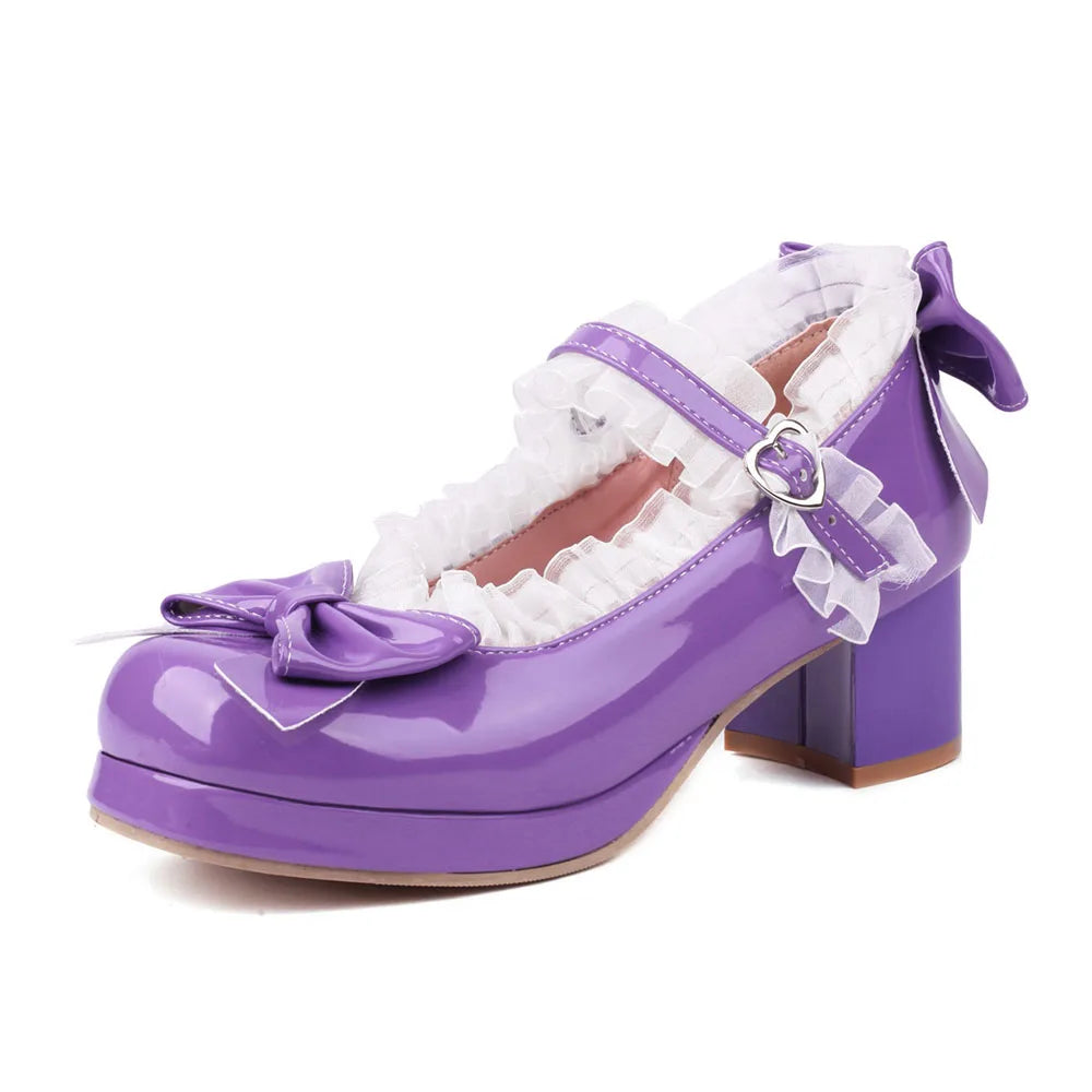 2025 Plus Size 30-48 Women's Candy Colors Mary Janes Pumps Bow Tie Ruffles Black Pink Platform Sweet Block Heels Lolita Shoes