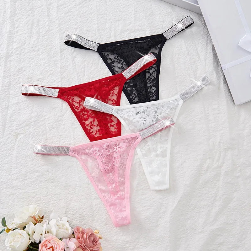 5Pcs Women’s Sexy Lace Thong Panties Low Rise Rhinestone Belt See-Through Floral G-String Shiny Comfortable Intimates Underwear