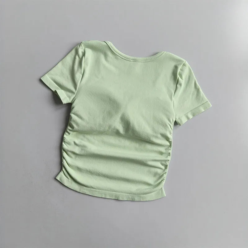 Big round Neck Yoga T-Shirt Short-Sleeved Slimming Sports Top with Fixed Chest Cushion for Running Pilates Summer Stretch