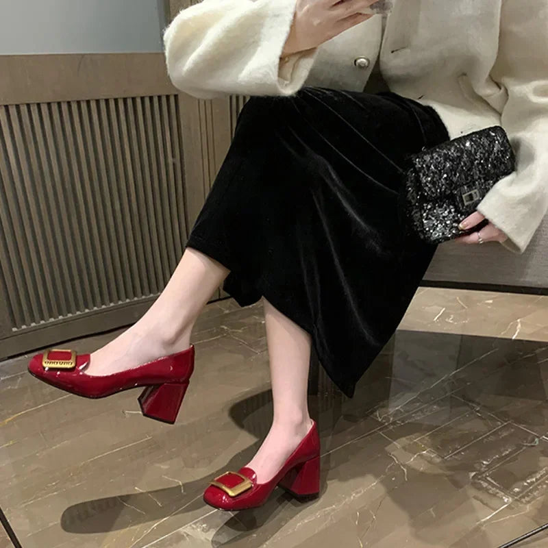 Women Pumps Fashion Square Heel Sexy High Heels Wedding Shoes Ladies Round Toe Metal Buckle Party Chunky Shoes Zapatillas Mujer