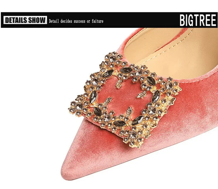 Women 10cm Super High Heels Pointed Toe Side Hollow Work Pumps Metal Crystal Buckle Velvet Stiletto Fashion Banquet Lady Shoes
