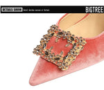 Women 10cm Super High Heels Pointed Toe Side Hollow Work Pumps Metal Crystal Buckle Velvet Stiletto Fashion Banquet Lady Shoes