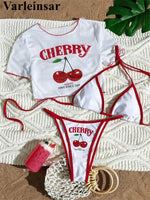 XS -XL Cherry Printed Short Sleeve Bikini Female Swimsuit Women Swimwear Three-pieces Bikini set Bather Bathing Suit Swim V6854