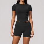 Seamless Yoga Sets Women Short Sleeve O Neck Slim Sports T Shirts Gym Outfits Abdominal Compression Shorts Running Fitness Suit
