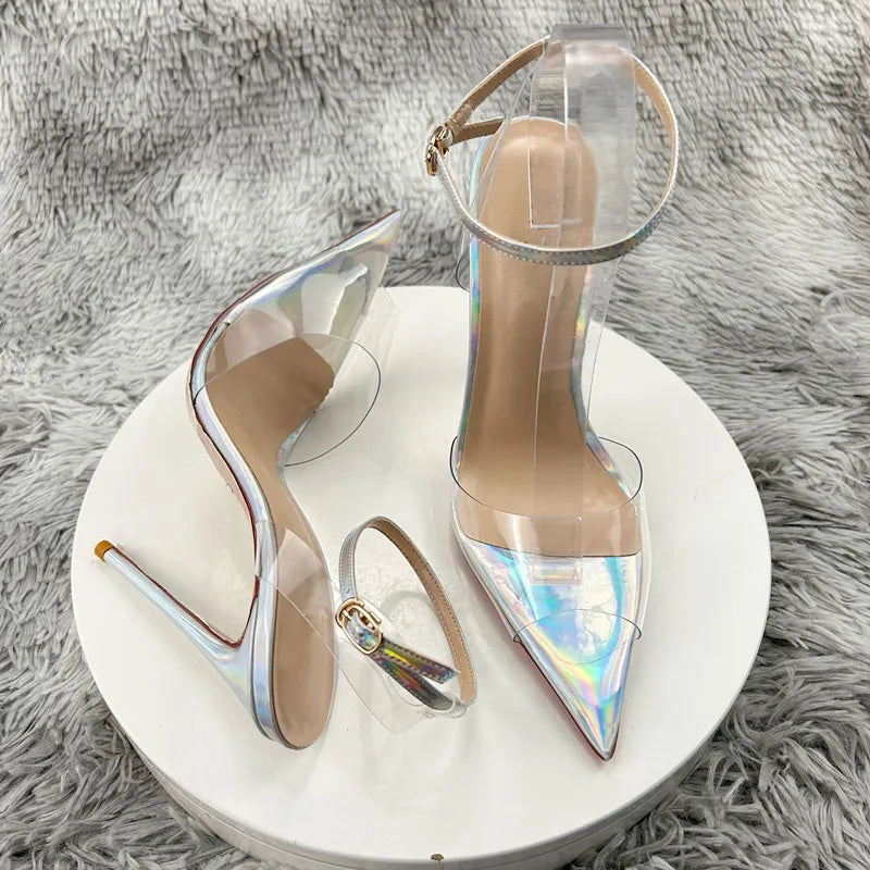 Clear PVC Patchwork SandalsNewest Transparent Straps Stiletto Heel Sandals Sexy Laser silver High Heels Wedding Shoes12cm