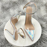 Clear PVC Patchwork SandalsNewest Transparent Straps Stiletto Heel Sandals Sexy Laser silver High Heels Wedding Shoes12cm