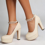 2026 Big Size 33-43 Classic Black Office Lady Beading Ankle Strap Platform Pumps Elegant Red 12cm Party High Heels Shoes Women