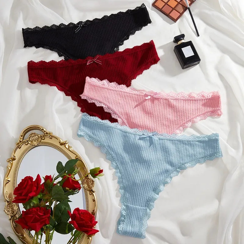 1pcs Plus Size Women's Mid-Waist Thong Panty Cute Girl Style Seamless Bowknot Lace Panties Trim Lightweight Breathable Underwear