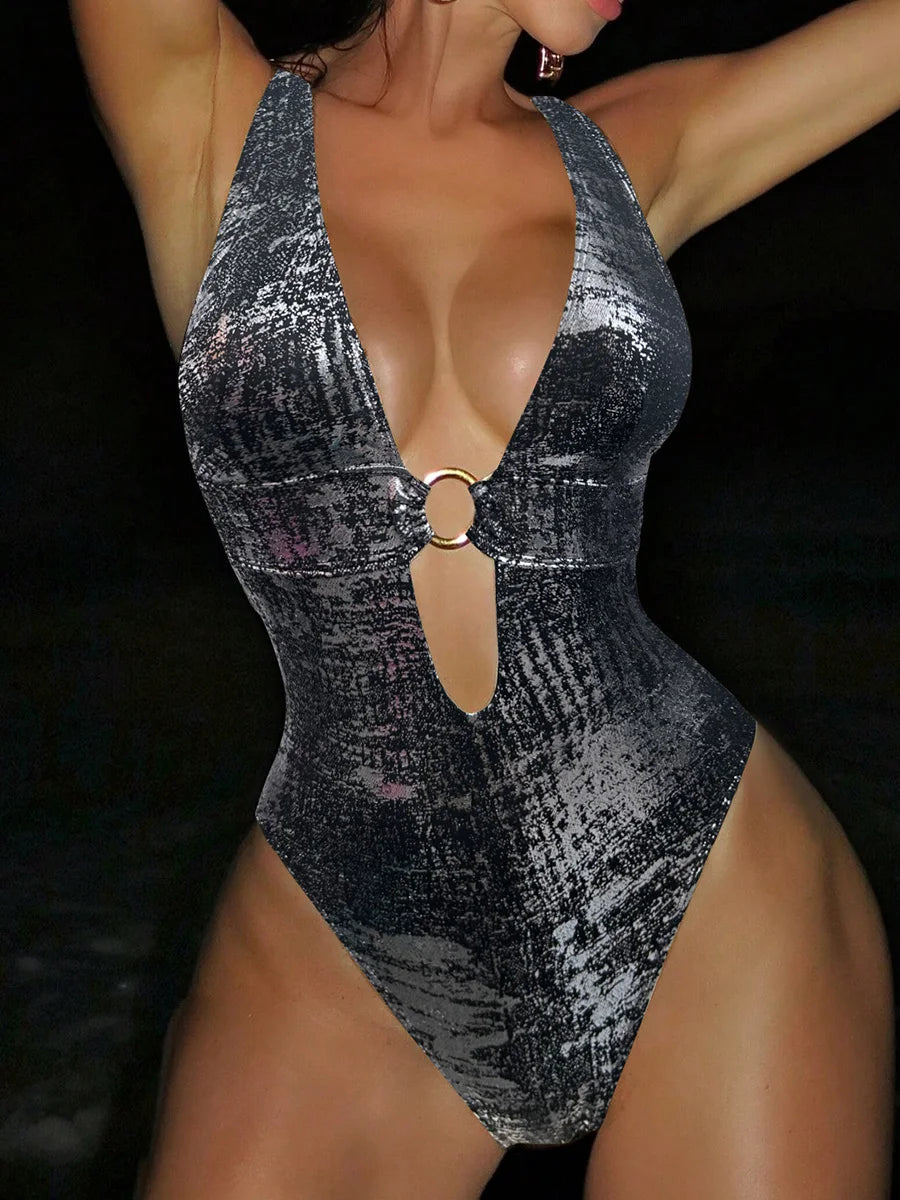Golden Glitter Deep V Neck Female Swimwear One Piece Swimsuit Women Backless Monokini High Leg Cut Bathing Suit Swim Beachwear