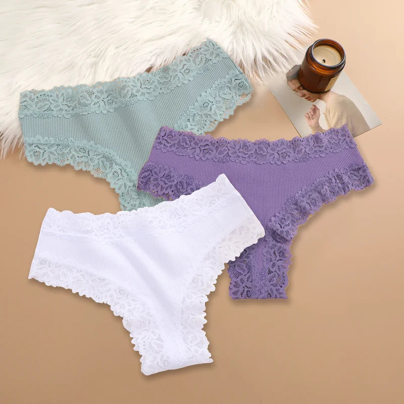 3Pcs Sexy Women Cotton Brazilian Pants Lace Brazilian Briefs Low Waist Floral Solid Color G-string Breathable Soft Lingerie