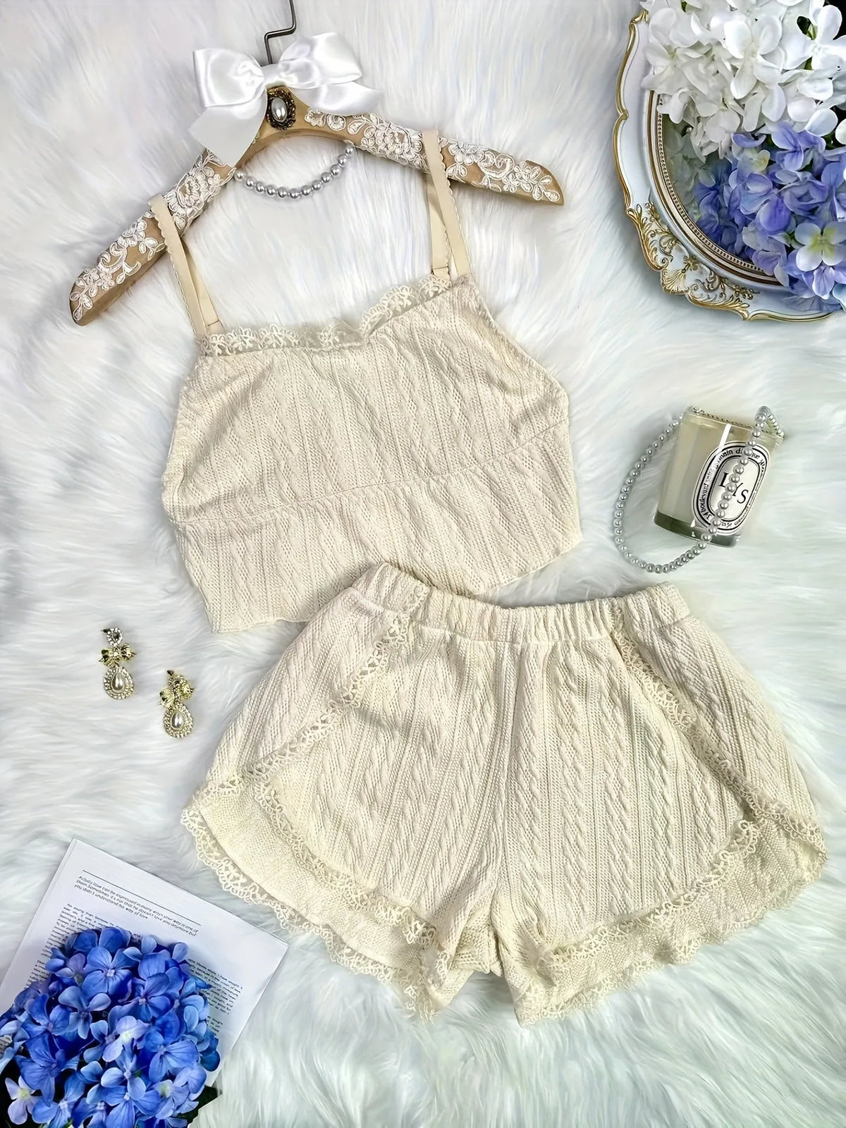 Women 2 Piece Pajama Set Lace Trim Camisole Shorts Textured Hollow Out Summer Sleepwear Lightweight Home Loungewear
