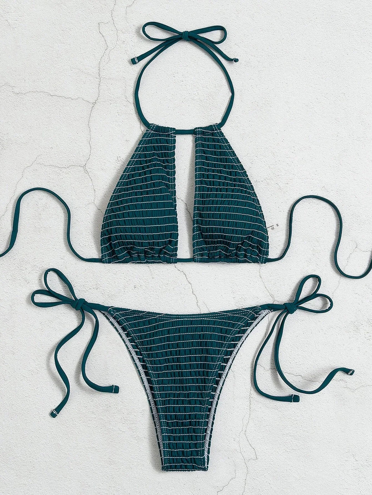 2025 Halter Tie Side Hollow Out Smocked Bikini Women Swimsuit Female Swimwear Two Pieces Bikini Set Swim Bathing Suit Beach Wear