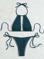 2025 Halter Tie Side Hollow Out Smocked Bikini Women Swimsuit Female Swimwear Two Pieces Bikini Set Swim Bathing Suit Beach Wear