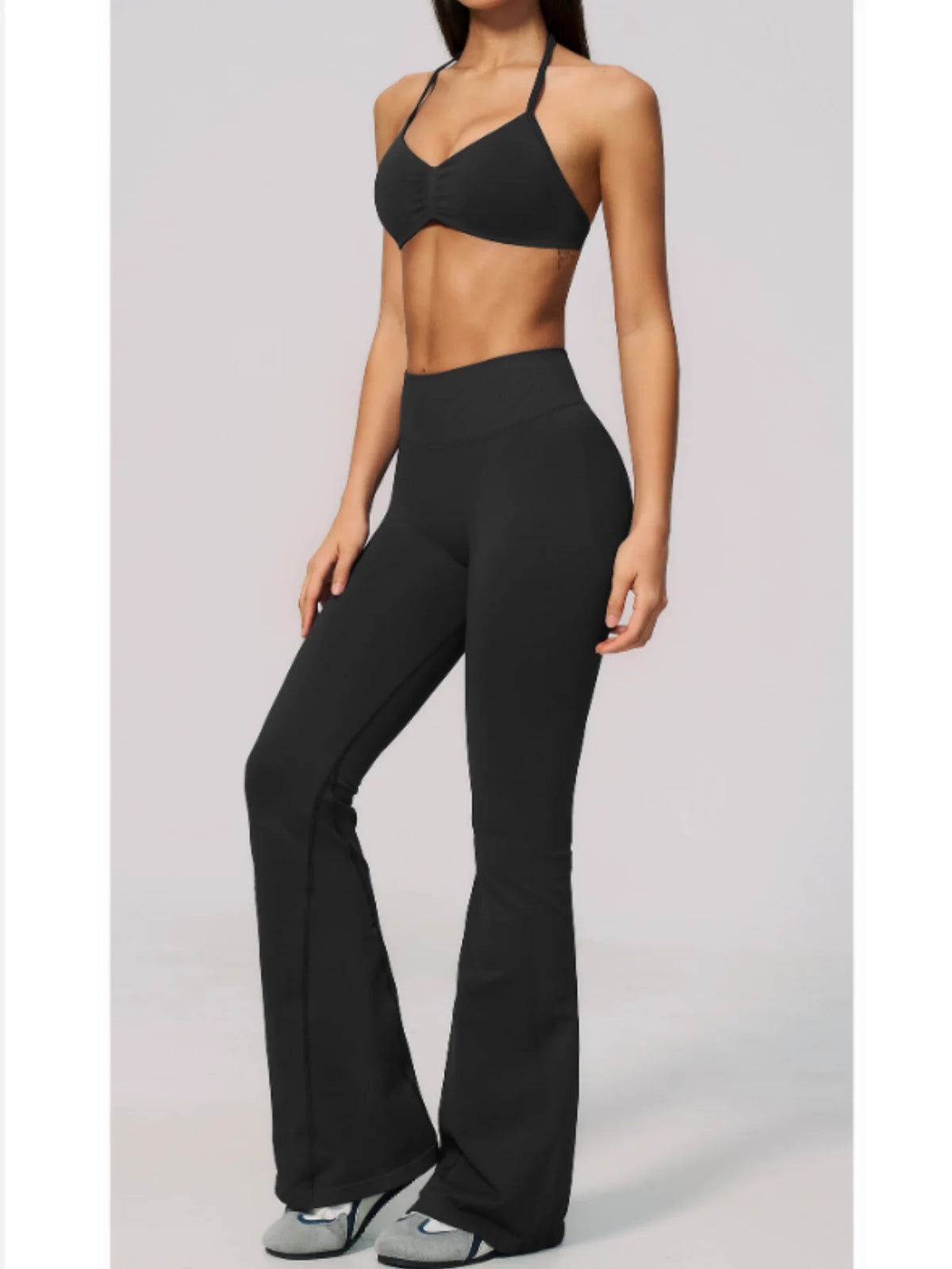 Summer Fitness Suit Women Seamless Hanging Neck Pleate Sports Bra Yoga Sets High Waist Wide Leg Leggings Running Athletic Wear