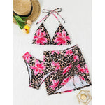 New Leopard 3 Pieces Push Up Bandeau Bikini Set Swimsuit Women Swimwear with Mesh Beach Sarong Skirts Floral Print Bathing Suit