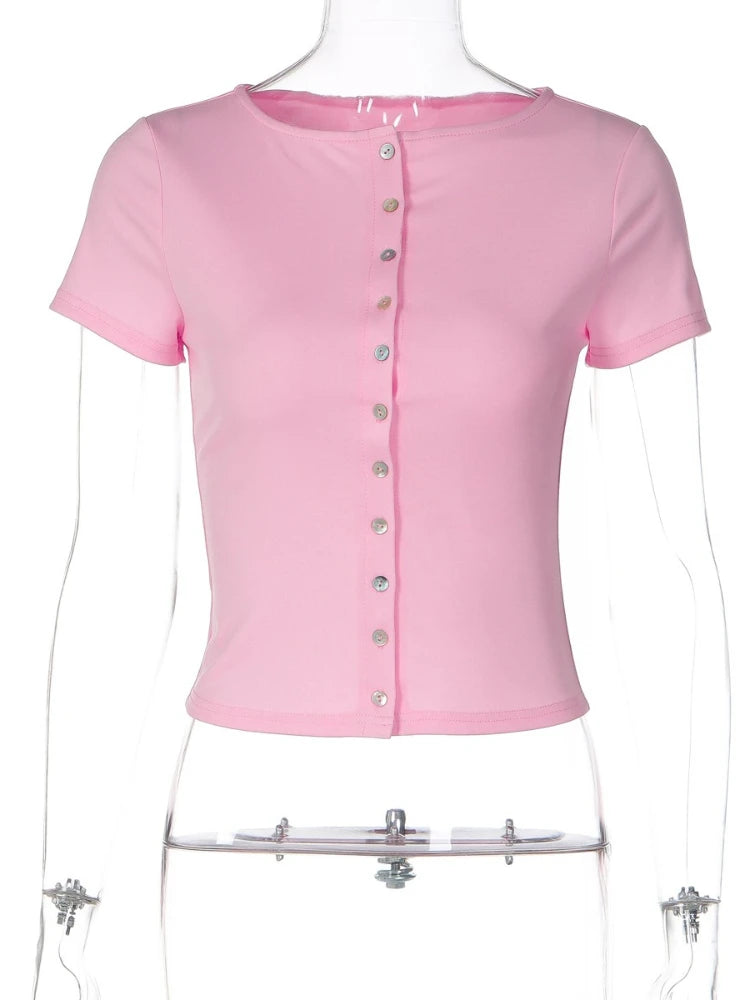 FDYOUI Pink T-shirts 2026 Summer Woman Clothes O-neck Single Breasted Cardigan Tops Female Short Sleeve Slim T Shirt Streetwear