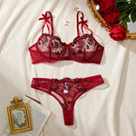 Red Unlined Transparent Embroidery Floral Sleepwear Lace Costumes Ladies Babydoll Bra And Briefs Set No-pad For Dating Gift