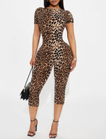 FAGADOER Sexy Leopard Print Bodycon Jumpsuits Women Sleeveless Backless Short SleeveRompers Female Club Party Overalls 2025