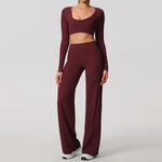 Hearuisavy Sports Set 2Pcs Women'sLong Sleeve Backless Fitted Fitness Top Push Up Pilates Yoga Top Wide Leg Straight Leg Pants