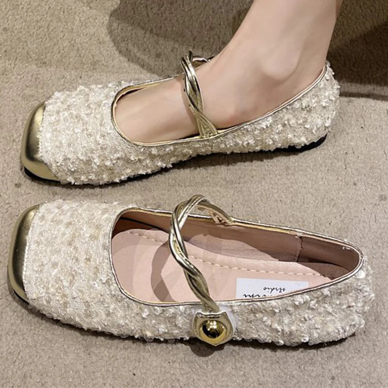 Elegant Solid Color Bling Mary Janes Shoes Women Spring Autumn Buckle Strap Party Flats Woman Shallow Square Top Shoes Lady