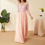 Elegant Lace Chiffon A-Line Long Dresses Women Wedding Dress Bridesmaid Dresses V-neck Mid-Sleeve Backless Zipper Female Dress