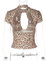 FDYOUI 2026 Summer Hollow Out Backless T-shirts Women's Sexy Short Sleeve Leopard Print Tee Shirt Lady Slim Crop Tops Streetwear