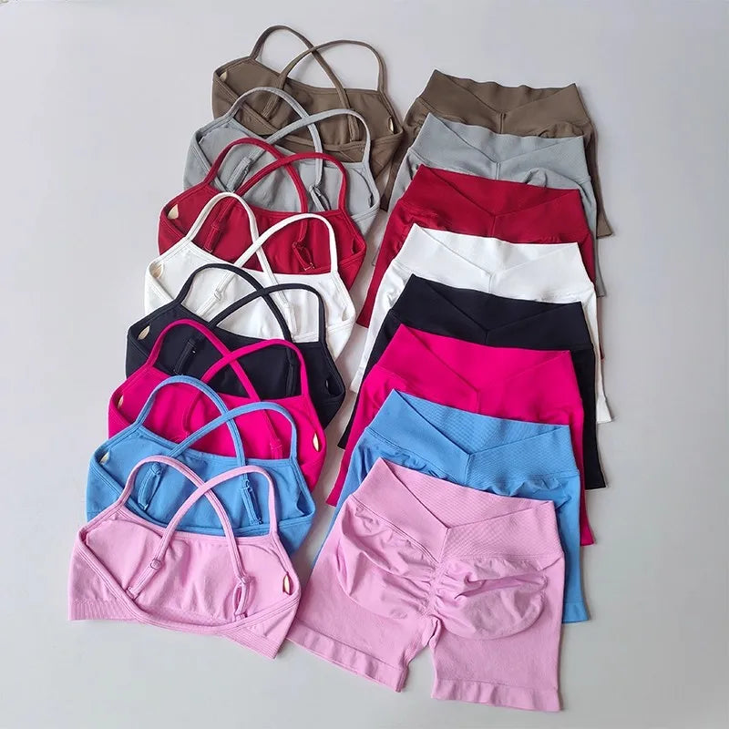 Seamless 2PCS Leggings Set Women Seamless Yoga Set High Waist Scrunch Butt Shorts With Halter Sports Bras Workout Gym Suit Set