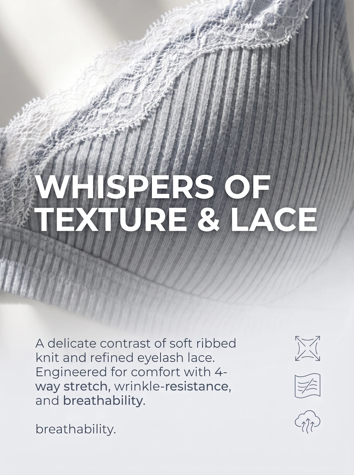 Ladies Bra Grey Ribbed Knit with White Lace Panel Sculpted Support Padded Bralette Smooth Comfort Women Lingerie MR3458