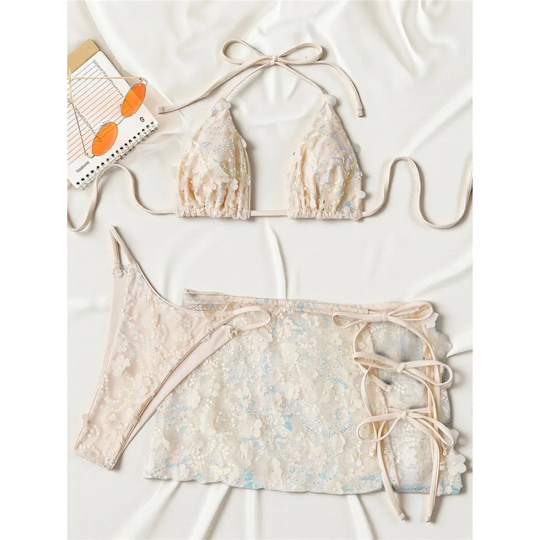 S - XL Three-pieces Bikini set With Skirt Flowers Sequins Bikini Female Swimsuit Women Swimwear Bather Bathing Suit Swim V7864