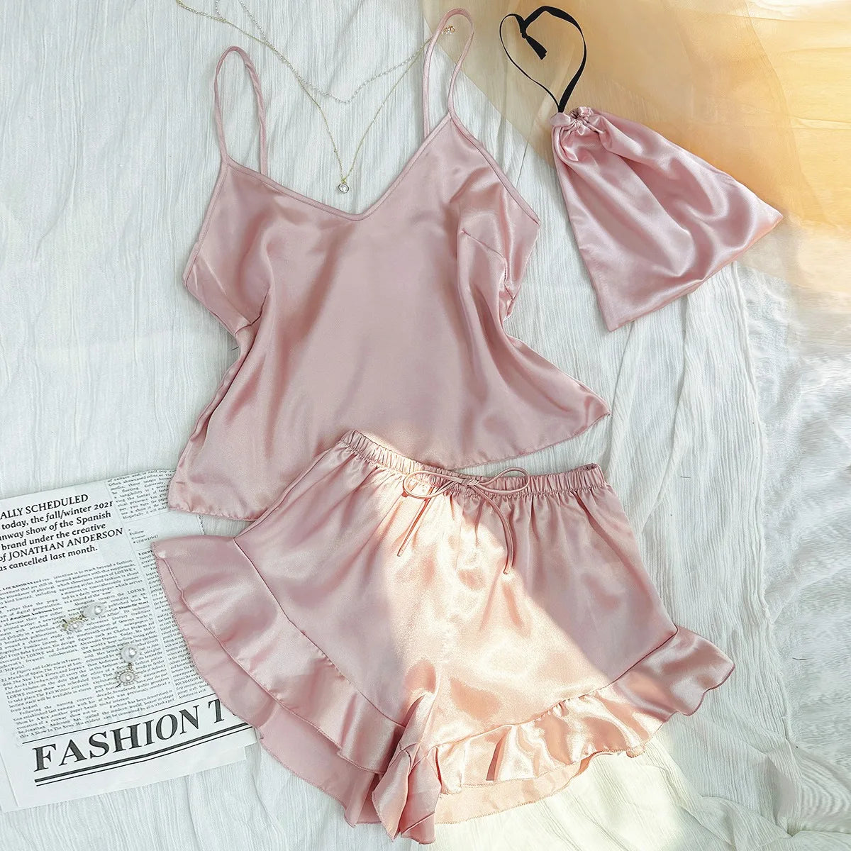Women's Silk Comfortable Strap Sleepwear Thin Vest Shorts Home Clothes Set Sexy Sleepwear Breathable Lightweight Nightgown