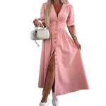 Women's Denim Long Dress Short Sleeve V-Neck Button Down Maxi Dress Casual Jean Dress for Spring Summer