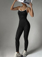 Sexy Black Polka Dot Print Patchwork Yoga Jumpsuit Women Sleeveless Hollow Out Backless Cross Fitness Sports One Piece Suits