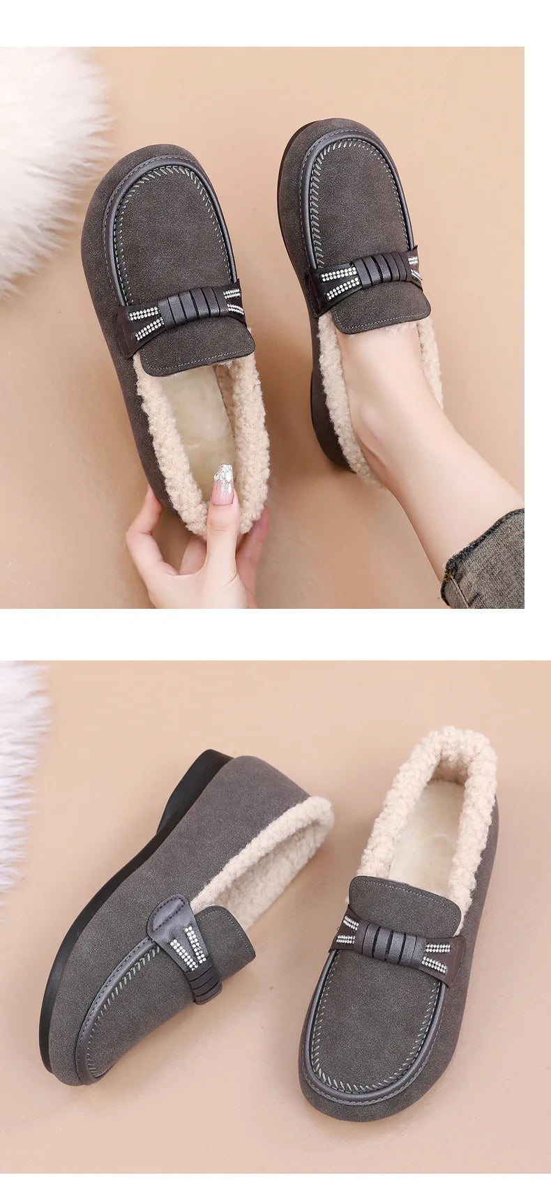 Retro Women's Slip on Flat Shoes White Women Soft Sole Non-slip Loafer Female Casual Plush Warm Cotton Shoes Zapatillas Mujer