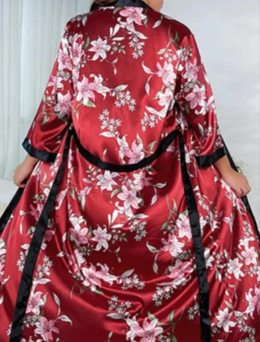 Large size sleepwear women's long imitation silk sexy nightgown set, fashionable and casual loose printed sleepwear 2-piece set