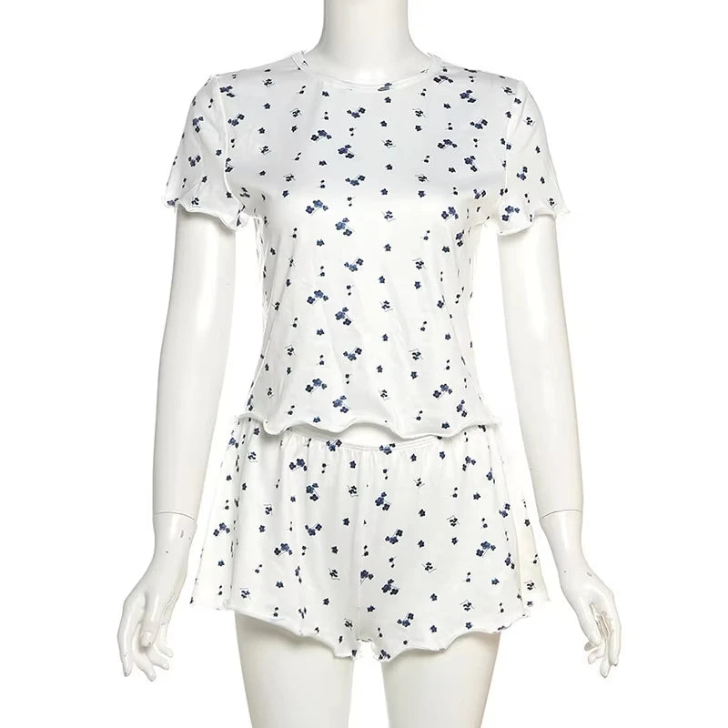 New Print Pajama Two-Piece Set Women's Round Neck T-Shirt Shorts Ruffles Slimming High Elasticity Casual Home Wear Hot Selling