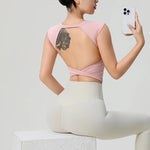 Women's Backless Fitness Clothes with Fixed Chest Pad Beautiful Top Short Sleeve Dance SportT-Shirt Yoga Wear