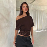 FDYOUI Sexy Chic Diagonal Collar Lace Patchwork T-shirts 2026 Women Short Sleeve Irregular Cropped T Shirt Lady Tunics Tops Tees