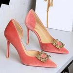 Women 10cm Super High Heels Pointed Toe Side Hollow Work Pumps Metal Crystal Buckle Velvet Stiletto Fashion Banquet Lady Shoes