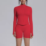 Women's Seamless Yoga Sets Sports Fitness Gym Zipper Long-Sleeve Jacket Hip Lift High-Waist Shorts Suits Workout Training Sets