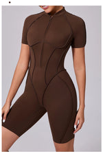 Summer Zipper Workout Jumpsuit Sports Overalls Women Running Fitness Short Sleeve Yoga Bodysuit