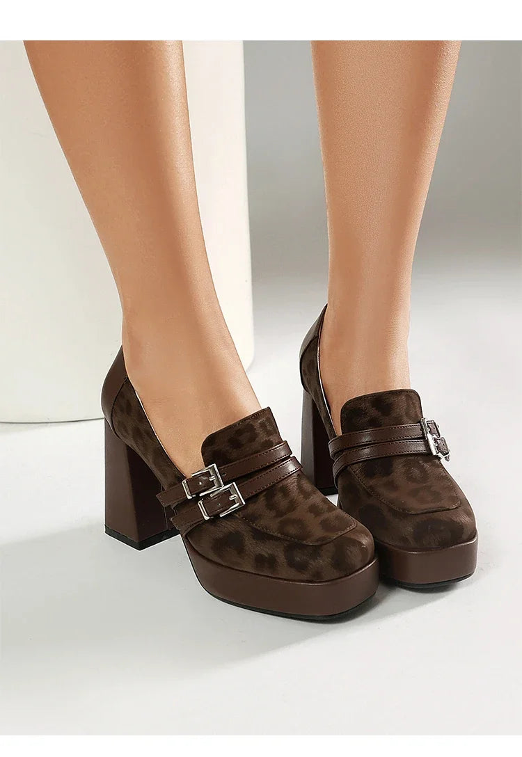 Square Toe Platform Double-Layer Buckle Shallow Sleeve Office Pumps Ultra-High Thick Heel Breathable High Heels