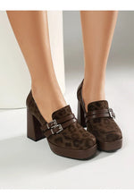 Square Toe Platform Double-Layer Buckle Shallow Sleeve Office Pumps Ultra-High Thick Heel Breathable High Heels