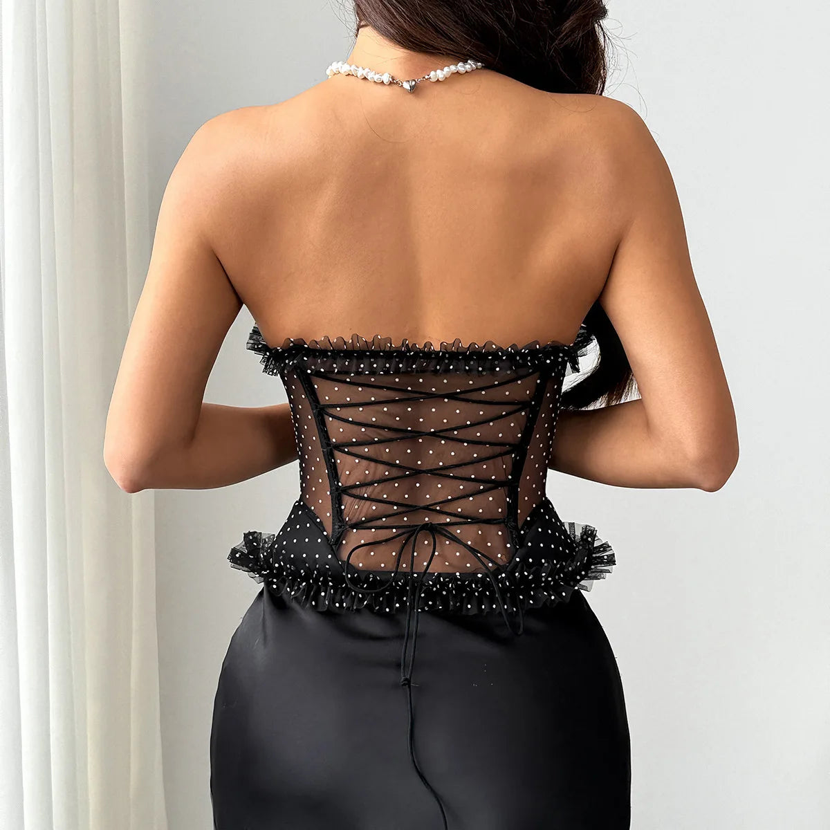 Women Corset Vest Sexy See Through Dot Print Lace Trim Club Wear Fishbone Tank Top Strapless Buckle Tie Rope Perspective Tops