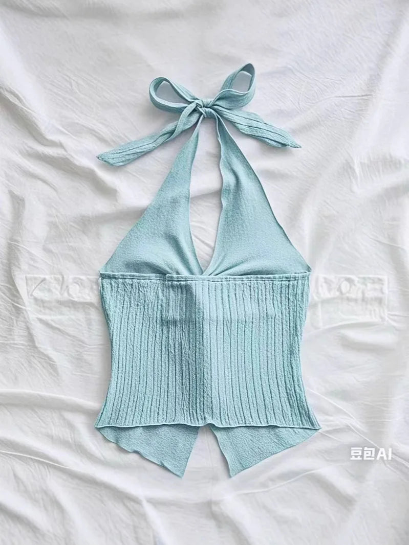 Sweet Bow-Tie Neckline Halter Topfor Women Hot Girl Solid-Color Cropped Knit Tank Top Summer Beach Outfit Female Clothes