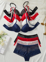 4-Piece Women's Floral Lace Lingerie Set Sexy Underwire Push-Up Bra Breathable Hollow Out Fashion Intimates