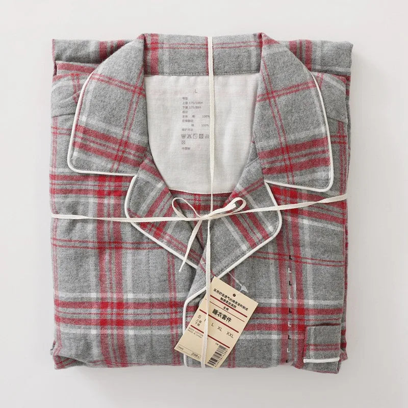 Men Brushed Cotton Vintage Plaid Stripe Pajama Set Lapel Collar Long Sleeve Top Pants Home Sleepwear Loungewear